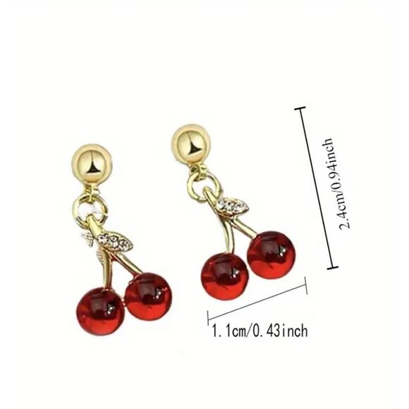 NEW Cherry Stud Earrings, Cute Red Fruit Dangle Earrings, Cherry Jewelry - Picture 3 of 3